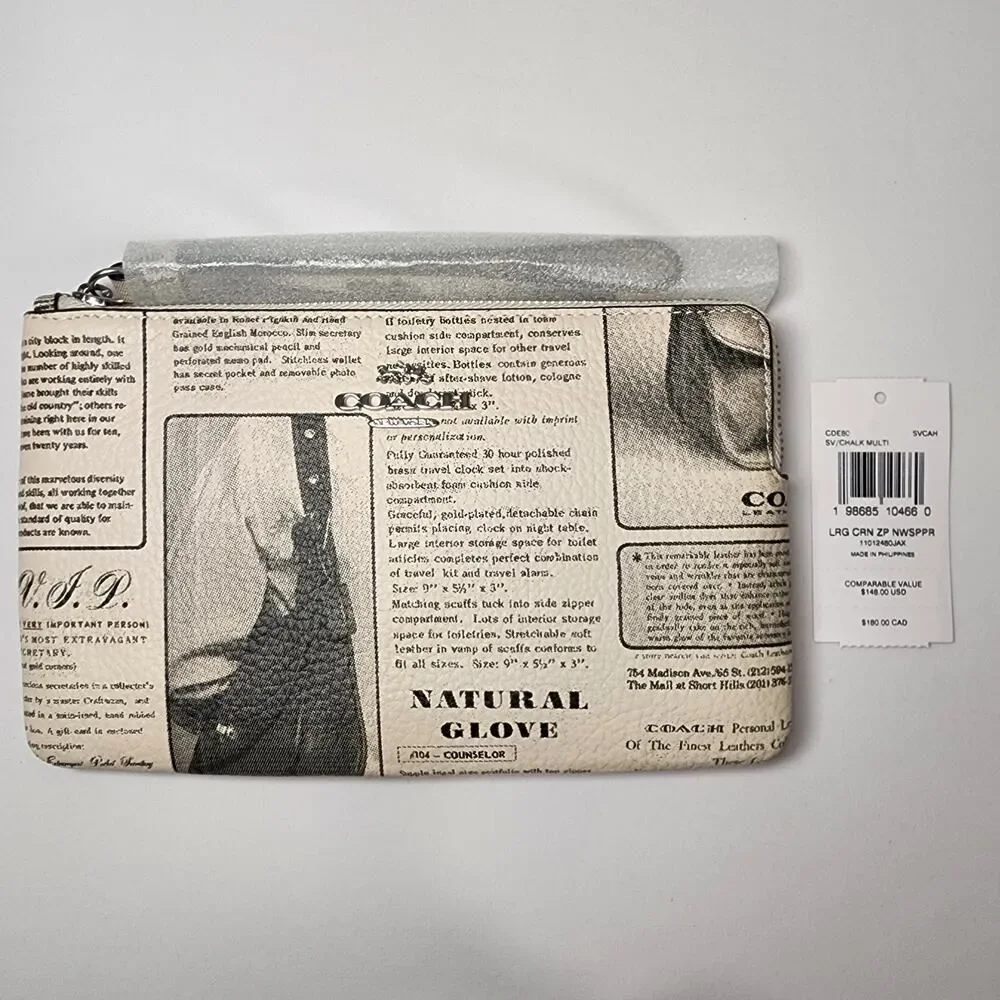NWT COACH CDE80 Heritage Large Corner Zip Wristlet Newspaper Print v2